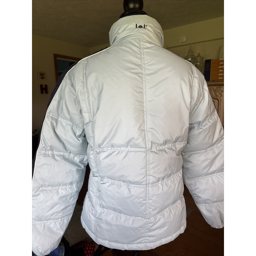 Women's Small Baby Blue With Blue Stripe Down Ski Puffer Jacket LEI Vintage - Picture 3 of 10